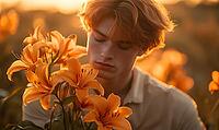 Closeup portrait of a man with orange-tinted hair, holding orange lilies. AI generated [IBR125000304]