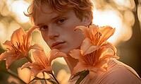 Closeup portrait of a man with orange-tinted hair, holding orange lilies. AI generated [IBR125000305]