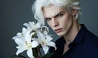 Closeup portrait of a man with pure white hair, holding pale white lilies. AI generated [IBR125000309]