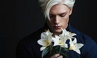 Closeup portrait of a man with pure white hair, holding pale white lilies. AI generated [IBR125000310]