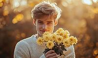 Closeup portrait of a man with sandy blonde hair, holding yellow chrysanthemums. AI generated [IBR125000311]