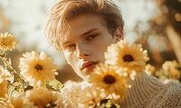 Closeup portrait of a man with sandy blonde hair, holding yellow chrysanthemums. AI generated [IBR125000312]