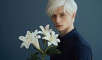 Closeup portrait of a man with pure white hair, holding pale white lilies. AI generated [IBR125000313]