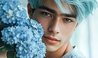 Closeup portrait of a young man with sea-blue hair, holding blue hydrangeas. AI generated [IBR125000314]