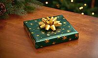 Close-up of a neatly wrapped gift with a golden bow on a wooden table. AI generated [IBR125000315]
