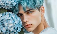 Closeup portrait of a man with sea-blue hair, holding blue hydrangeas. AI generated [IBR125000317]