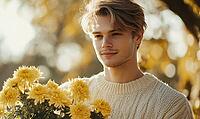 Closeup portrait of a man with sandy blonde hair, holding yellow chrysanthemums. AI generated [IBR125000318]