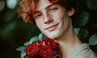 Closeup portrait of a man with crimson hair, holding red roses close to his chest. AI generated [IBR125000319]