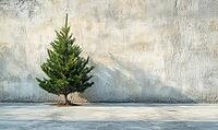 A small tree is standing in front of a wall. The tree is bare and has no leaves. AI generated [IBR125002351]