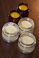 Homemade cream in small jars, Kempen, Viersen District, North Rhine-Westphalia, Germany [IBR125007664]