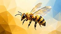 Geometric bee with golden wings in an abstract yellow-blue background, AI generated [IBR125026313]