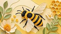 Artistic paper depiction of a bee with floral elements and honeycombs, generated by AI, AI generated [IBR125026317]