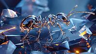 Digital illustration of a crystal-like, reflecting ant on a blue background, generated by AI, AI generated [IBR125026326]