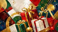 Festive gifts with golden ribbons against an abstract, colorful background, generated by AI, AI generated [IBR125026328]