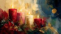 Four advent candles in warm colors, framed by berries and pine branches on a calm background, generated by AI, AI generated [IBR125026329]