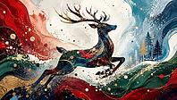 A dynamic, abstract reindeer in motion, surrounded by wintry landscapes in bright colors, AI generates, AI generated [IBR125026330]