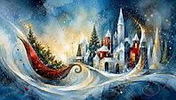 A wintry village with snow-covered hills and a Christmas tree, surrounded by a magical atmosphere, generated by AI, AI generated [IBR125026331]