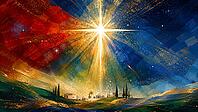 A bright Christmas star in the sky over a colorful, quiet landscape with a small village, generated by AI, AI generated [IBR125026332]