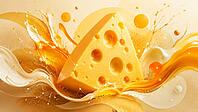 A cheese slice with dynamically splashing yellow and orange liquids, AI generates, AI generated [IBR125026333]