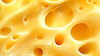 Close-up of yellow cheese texture with large holes and smooth surface, AI generated [IBR125026337]