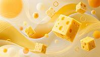 Floating cheese cubes in an abstract yellow-orange wave pattern, AI generated [IBR125026339]