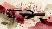 Wine bottle surrounded by floral watercolor elements in shades of red and beige, AI generated [IBR125026343]