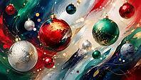 Colourful Christmas balls float in an abstract background of bright colors and gold accents, AI generated [IBR125026353]