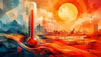 A thermometer in front of a glowing landscape symbolizes extreme heat and climate change, AI generates, AI generated [IBR125026356]