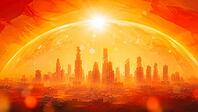 Futuristic skyline under a blazing hot sun, the city dipped in orange, AI generated [IBR125026357]