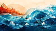 Houses surrounded by strong blue waves that illustrate imminent water risks, AI generates, AI generated [IBR125026362]
