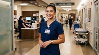 A friendly female healthcare professional wearing navy scrubs and a badge smiles warmly while standing in a modern hospital corridor, AI generated [IBR125026365]
