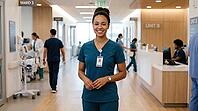 A friendly healthcare professional with dark curly hair and a warm smile is positioned in the center of a bright, contemporary hospital corridor, AI generated [IBR125026366]