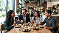 Four colleagues of diverse ethnicities share a delightful and nutritious meal while conversing and laughing at a bright, contemporary restaurant, AI generated [IBR125026369]