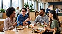 Four smiling coworkers of different ethnicities share a meal and conversation at a bright, contemporary workplace cafeteria with large windows and greenery, AI generated [IBR125026371]