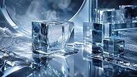 Ice cubes on a reflective surface create elegant reflections in a crystal blue environment, AI generates, AI generated [IBR125026374]