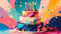 Colorful birthday cake with burning candles and confetti, AI generated [IBR125026376]