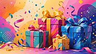 Colorful gifts with bows and ribbons against a vivid background, AI generated [IBR125026378]