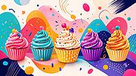 Colorful cupcakes with icing and sprinkles on a colorful background, AI generated [IBR125026379]