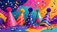 Colored party hats with pompoms against a vivid, patterned background, AI generated [IBR125026380]