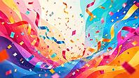 Glowing ribbons and confetti in dynamic motion against a colored background, AI generated [IBR125026381]