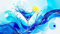 Blue cocktail glass with lemon slice surrounded by sparkling water in vivid shades of blue, AI generates, AI generated [IBR125026383]