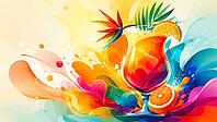 Colourful cocktail glass with fruits and colorful leaves in tropical style, AI generated [IBR125026384]