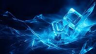 Glowing ice cube cubes in a dark, blue atmosphere create a shiny and cool effect, AI generates, AI generated [IBR125026392]