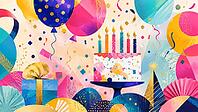 Birthday cake with candles, balloons and gifts in vivid colors, AI generated [IBR125026393]