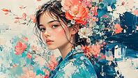 Girl with flowers in her hair surrounded by artistic floral elements in pastel colors, AI generated [IBR125026397]