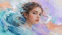 A girl seemingly surrounded by wavy, flowing pastel colors, AI generates, AI generated [IBR125026398]