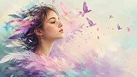 Portrait of a girl with feathers and birds, embedded in soft pastel shades, AI generated [IBR125026399]