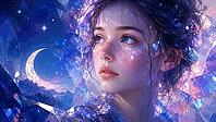 Girl looking at the sky at night surrounded by sparkling blue geometric shapes, AI generated [IBR125026400]