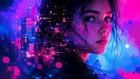 Portrait of a girl in front of a futuristic city in bright neon colors, AI generated [IBR125026401]