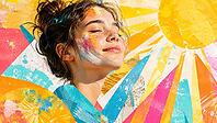 Girl enjoying the sun, smiling brightly, surrounded by bright and vivid colors, AI generates, AI generated [IBR125026402]